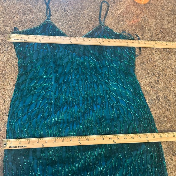 Laurence Kazar Vintage Dress Size XL Emerald Green Sequin Silk Spaghetti Straps - Picture 14 of 15